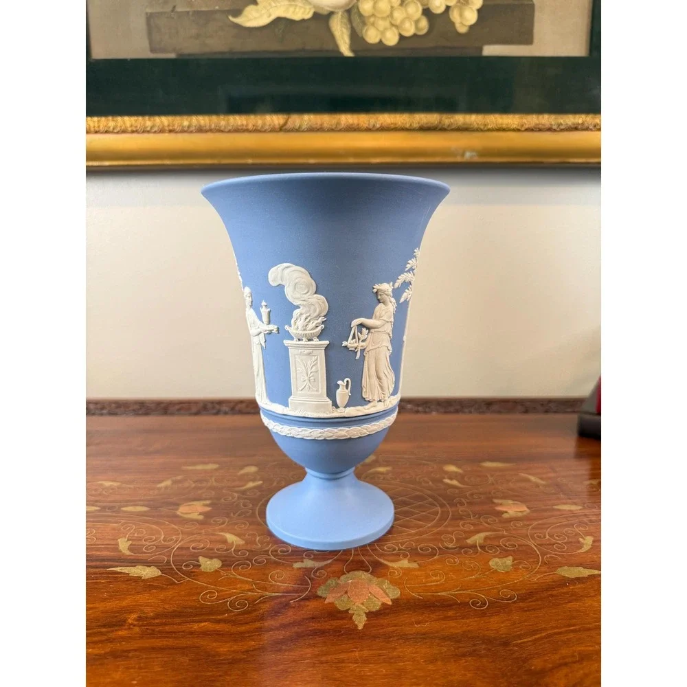 Vintage 1978 Wedgwood Jasperware Vase • Blue White Neoclassical Pedestal Urn